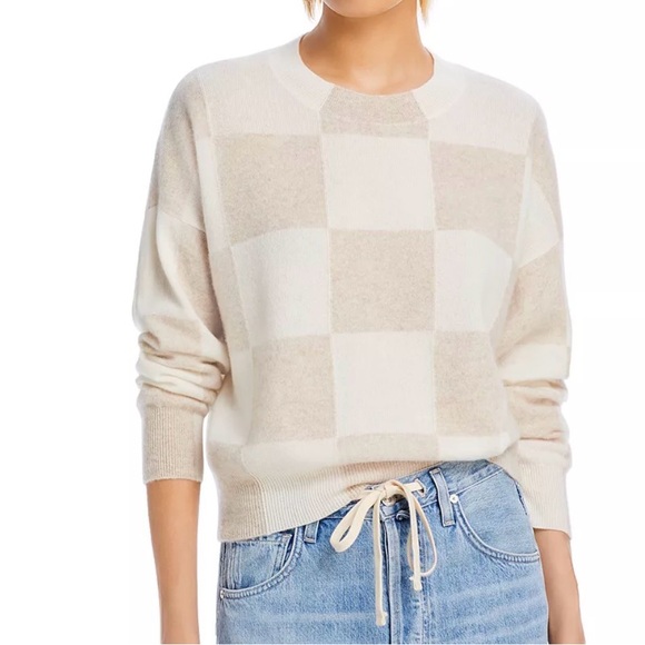 AQUA
CASHMERE Neutral Checkered Crew Neck Sweater - Picture 1 of 9
